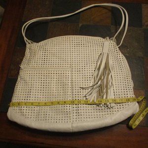 Large White Pierced Faux Leather Tote with Tassle White Shoulder Bag